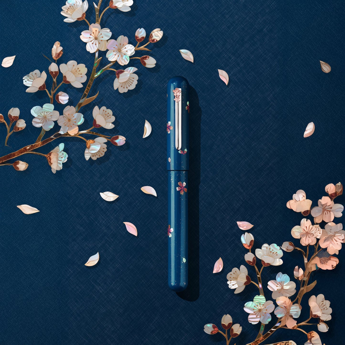 a blue urushi cherry theme fountain pen