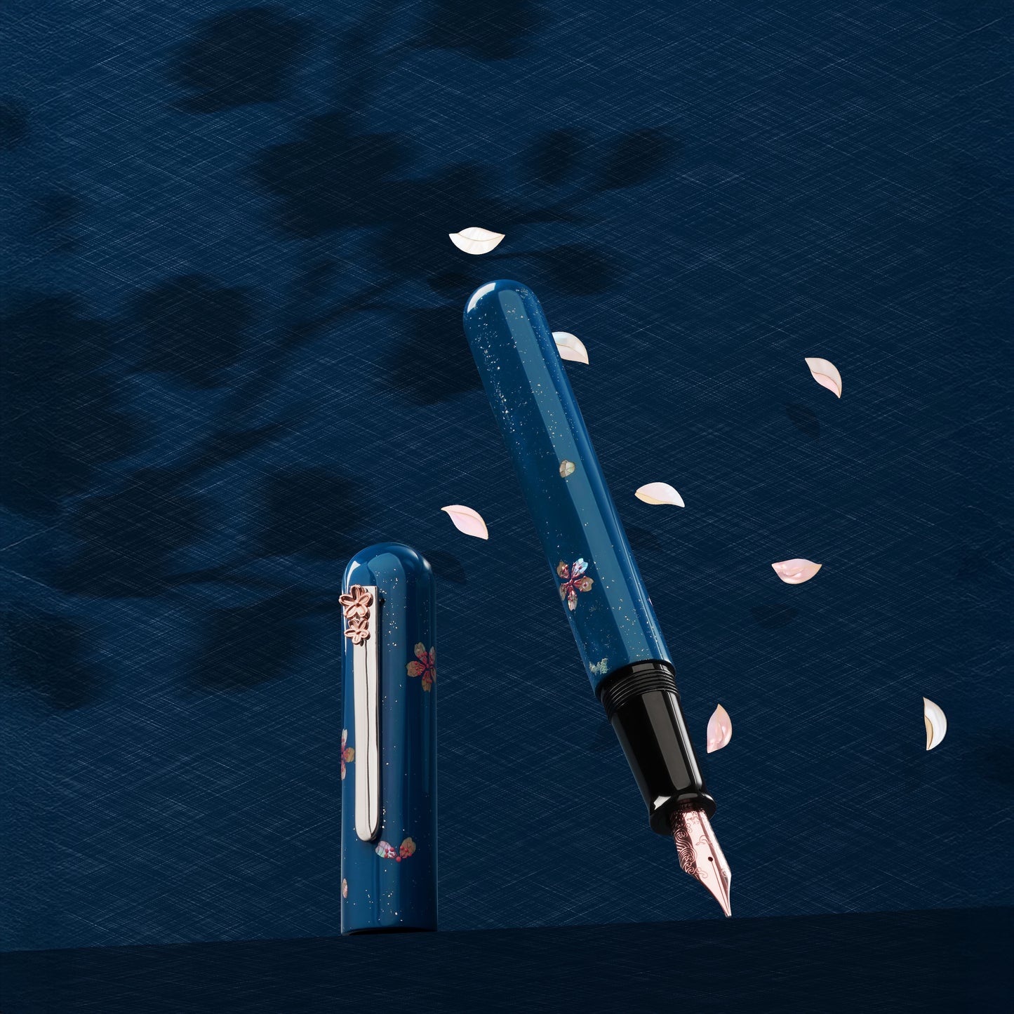 a blue urushi cherry theme fountain pen