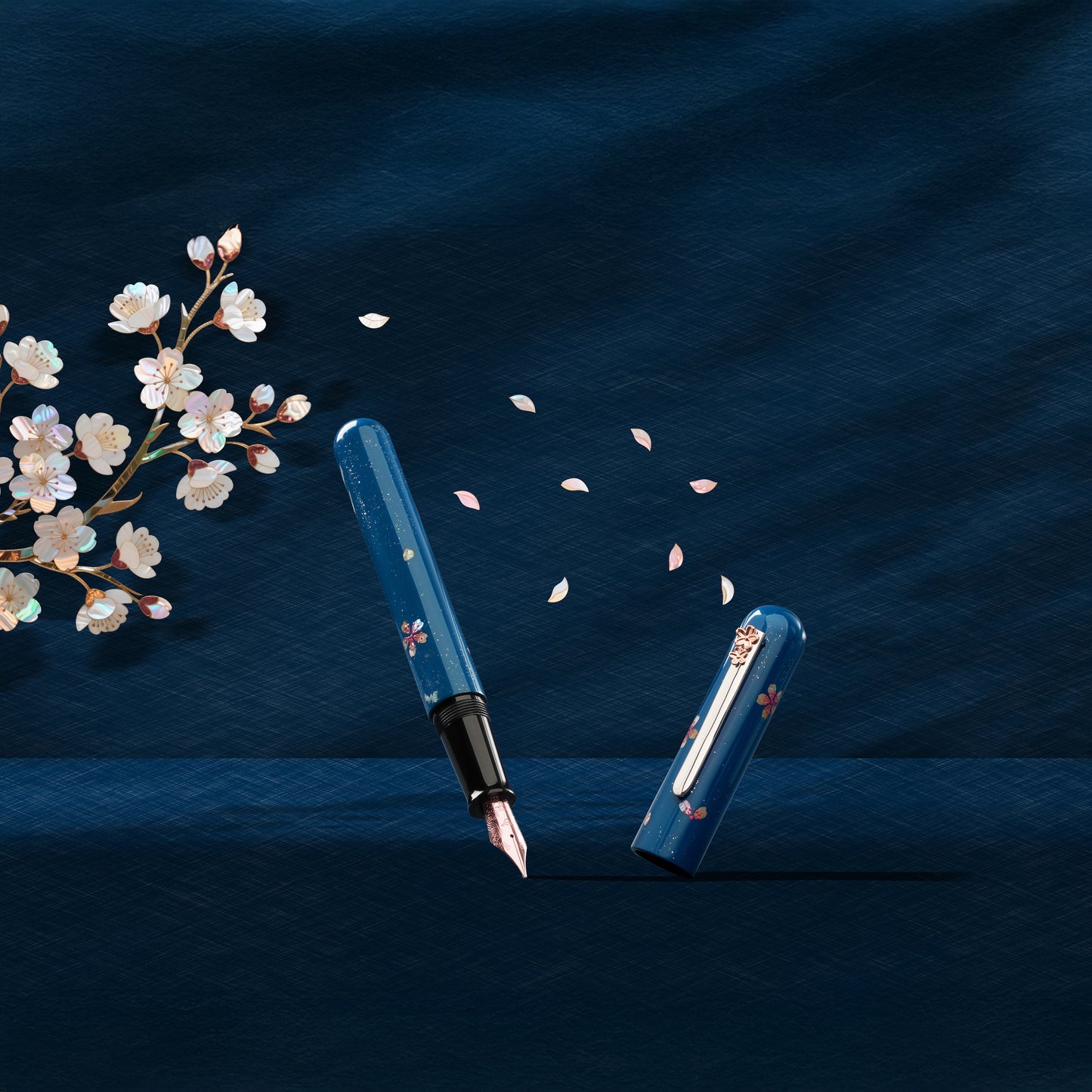 a blue urushi cherry theme fountain pen