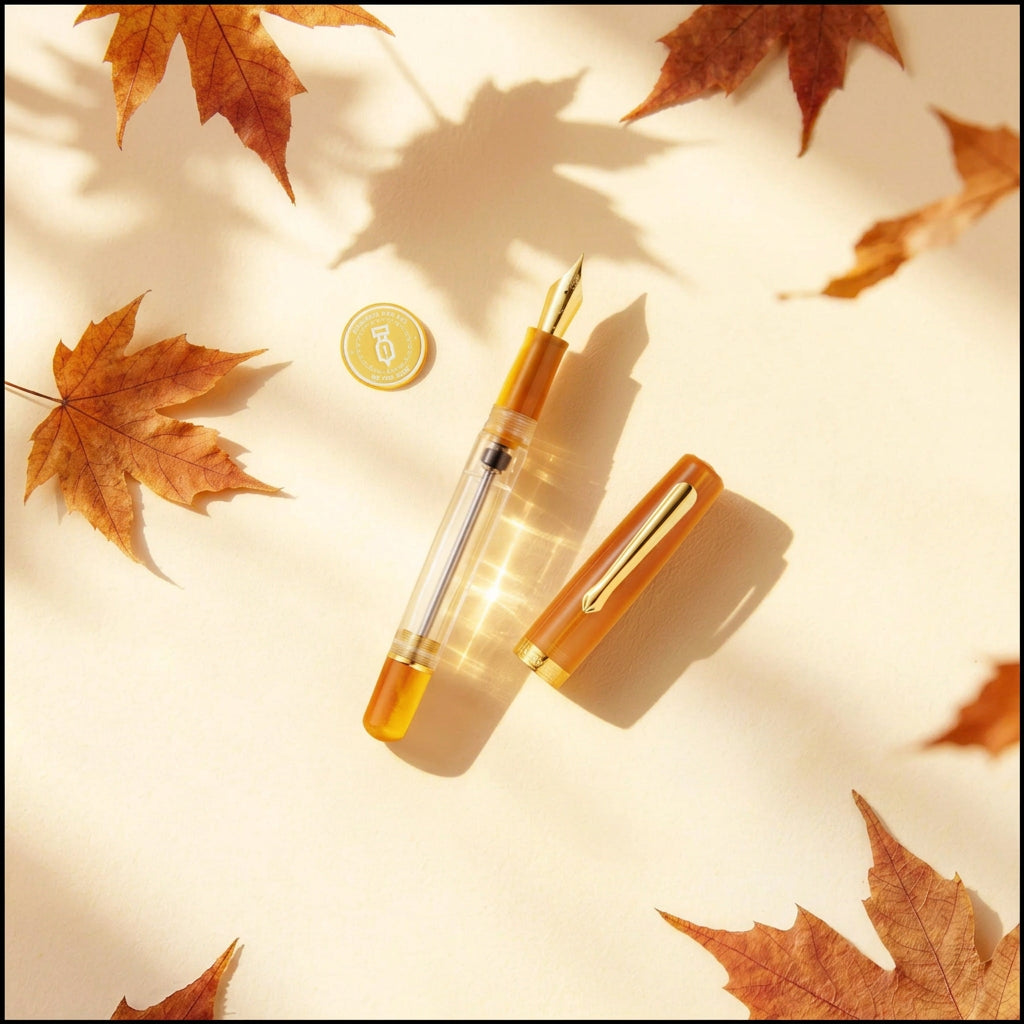 Nahvalur Original Plus fountain pen with amber-orange accents.
