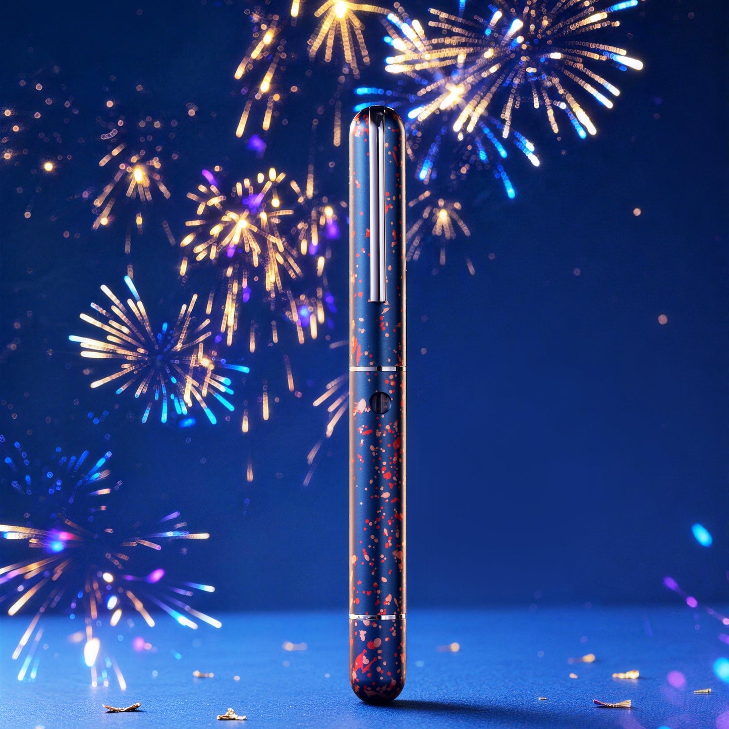 
                  
                    Pen with glittery design against a vibrant fireworks display
                  
                
