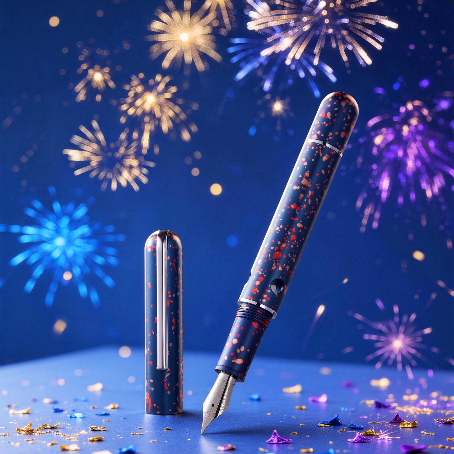 
                  
                    Fountain pen with a decorative cap on a blue surface with fireworks in the background
                  
                