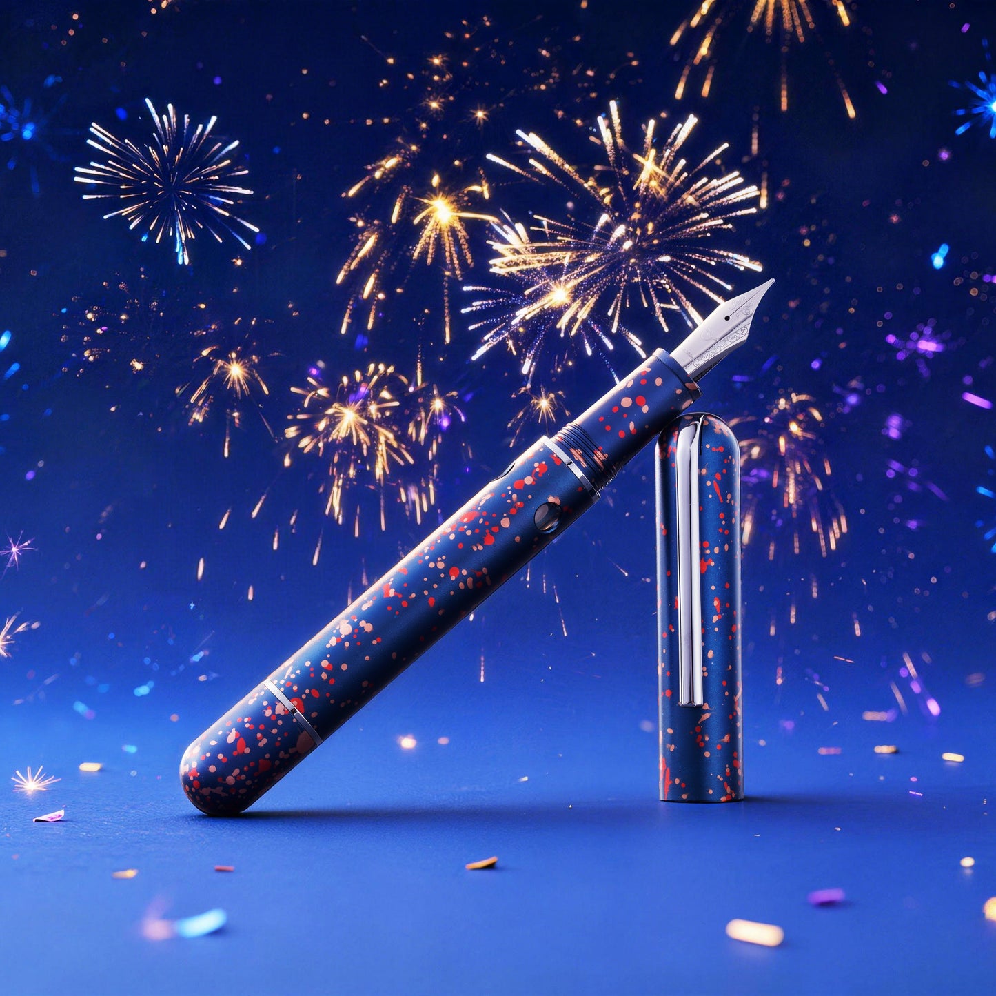 
                  
                    Fountain pen with colorful accents against a blue background with fireworks
                  
                