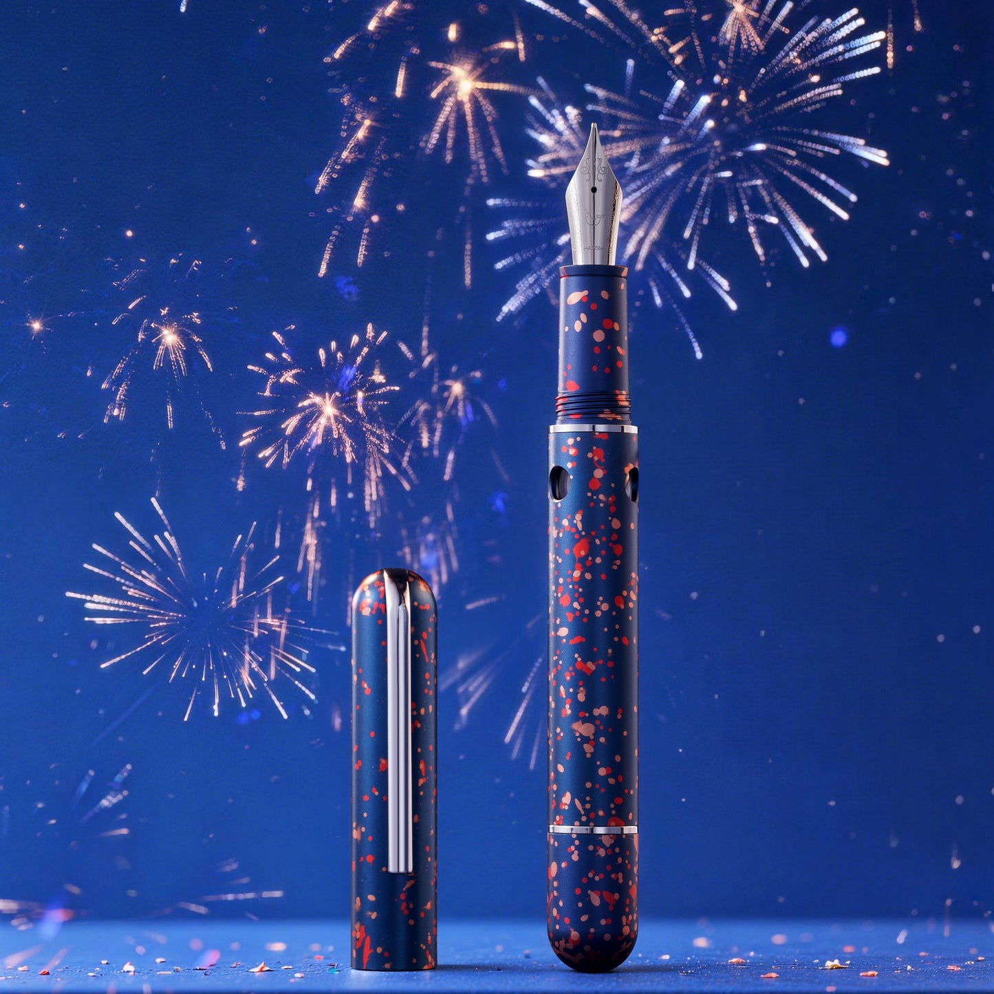 
                  
                    Fountain pen with decorative design against a blue background with fireworks
                  
                