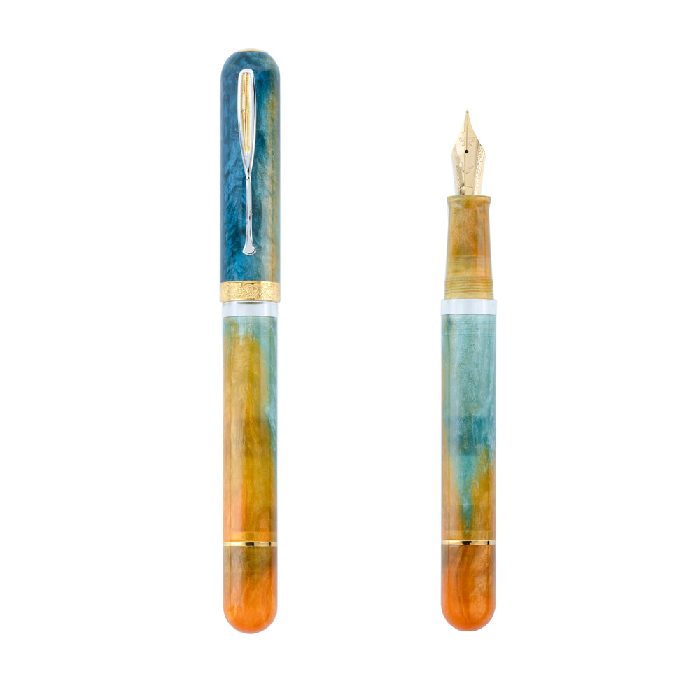 
                  
                    Fountain pen with multicolored barrel and gold accents on a white background
                  
                