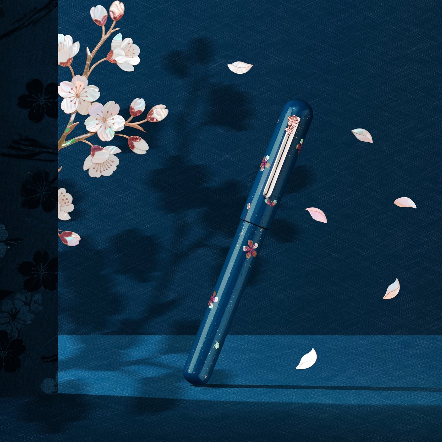 a blue urushi cherry theme fountain pen