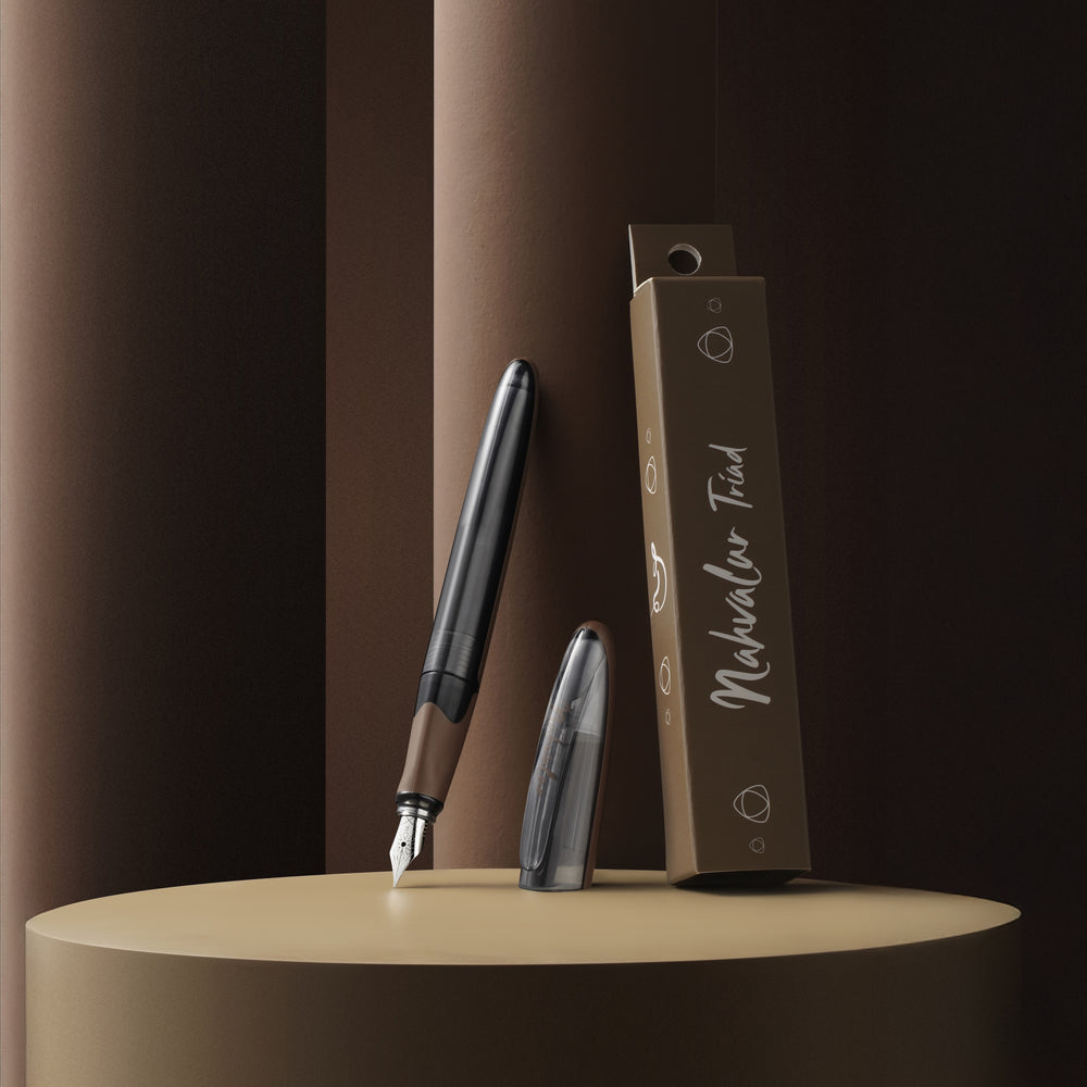 Fountain pen and ink cartridge with packaging on a brown background
