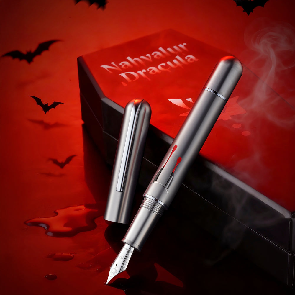 Fountain pen with 'Nahvalur Dracula' packaging on a red background with bats and blood droplets.