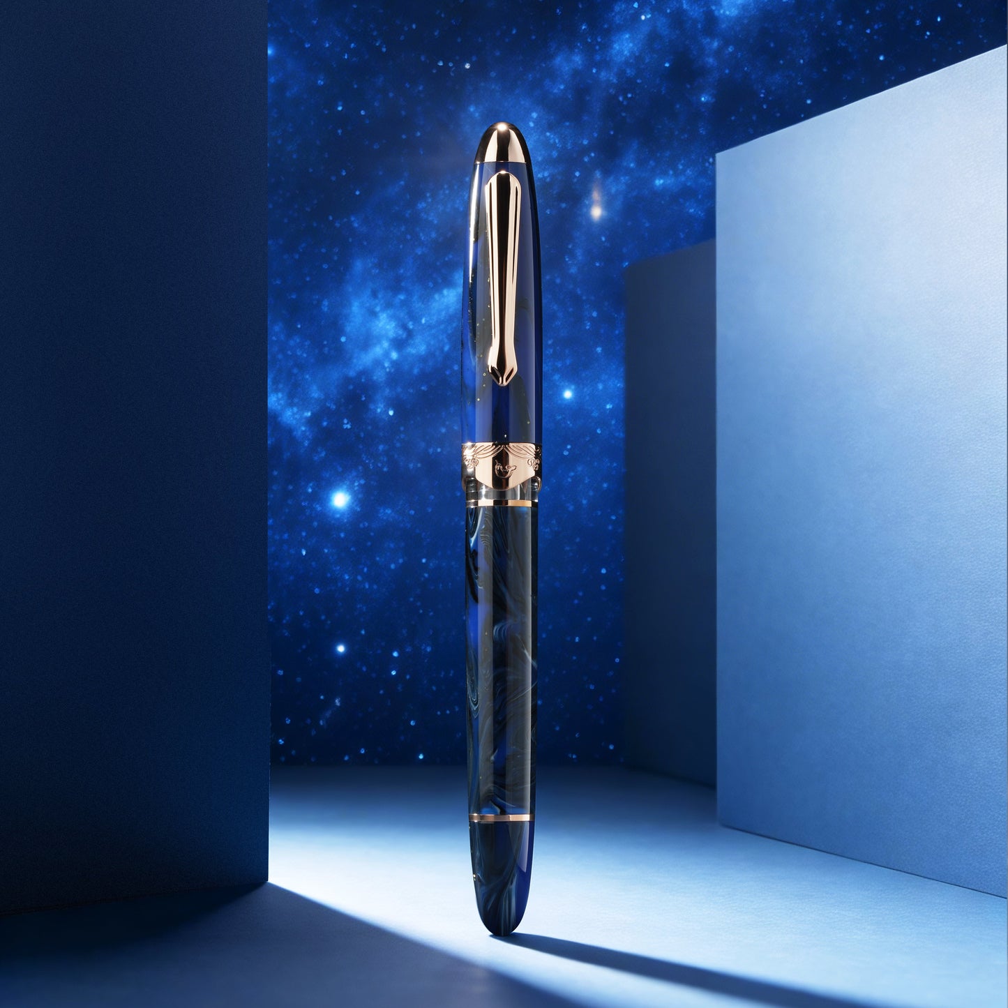 
                  
                    Fountain pen with a starry night sky and geometric shapes in the background
                  
                