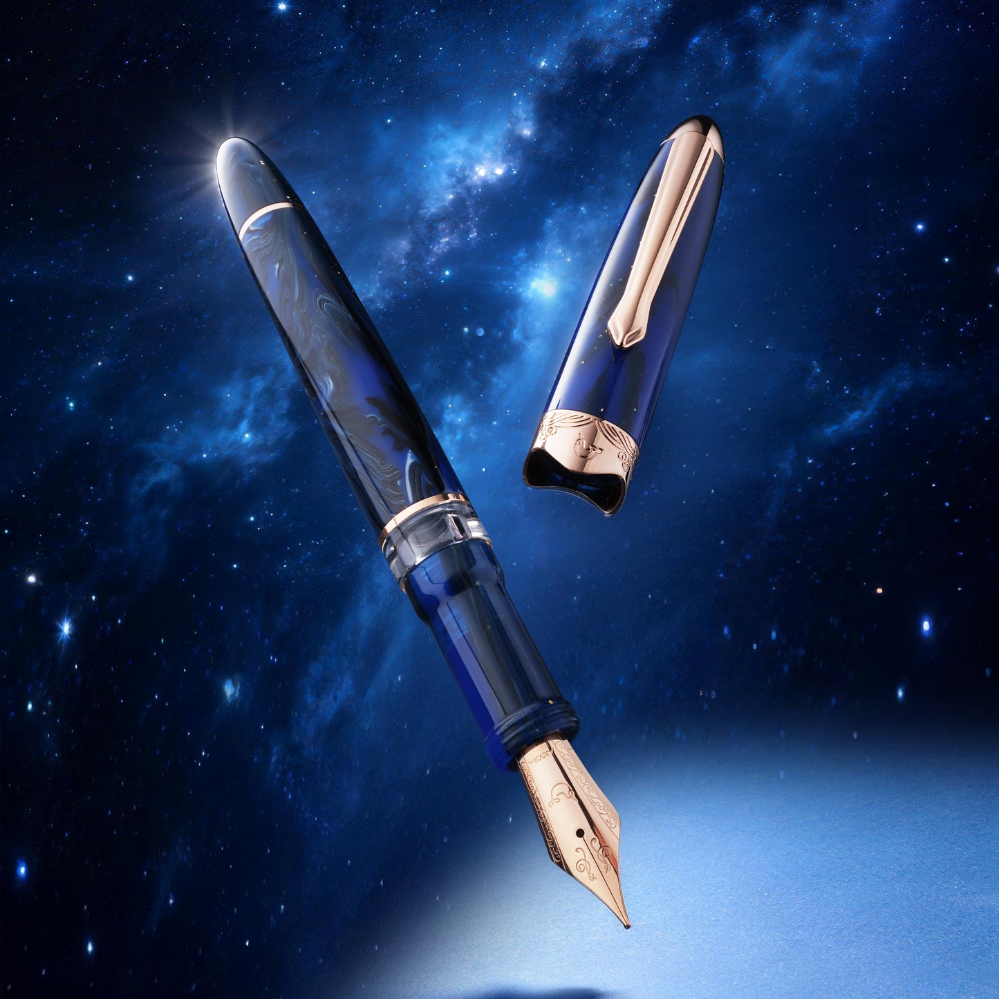 Fountain pen with cap on a starry night sky background