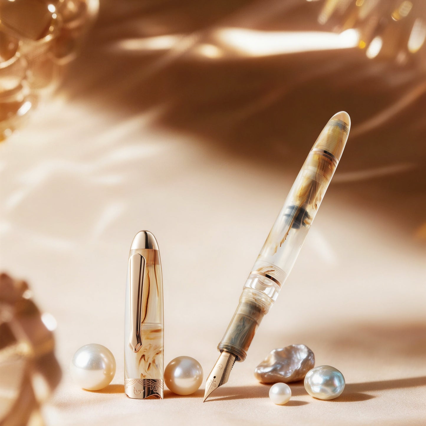 
                  
                    Fountain pen with decorative elements on a beige surface
                  
                
