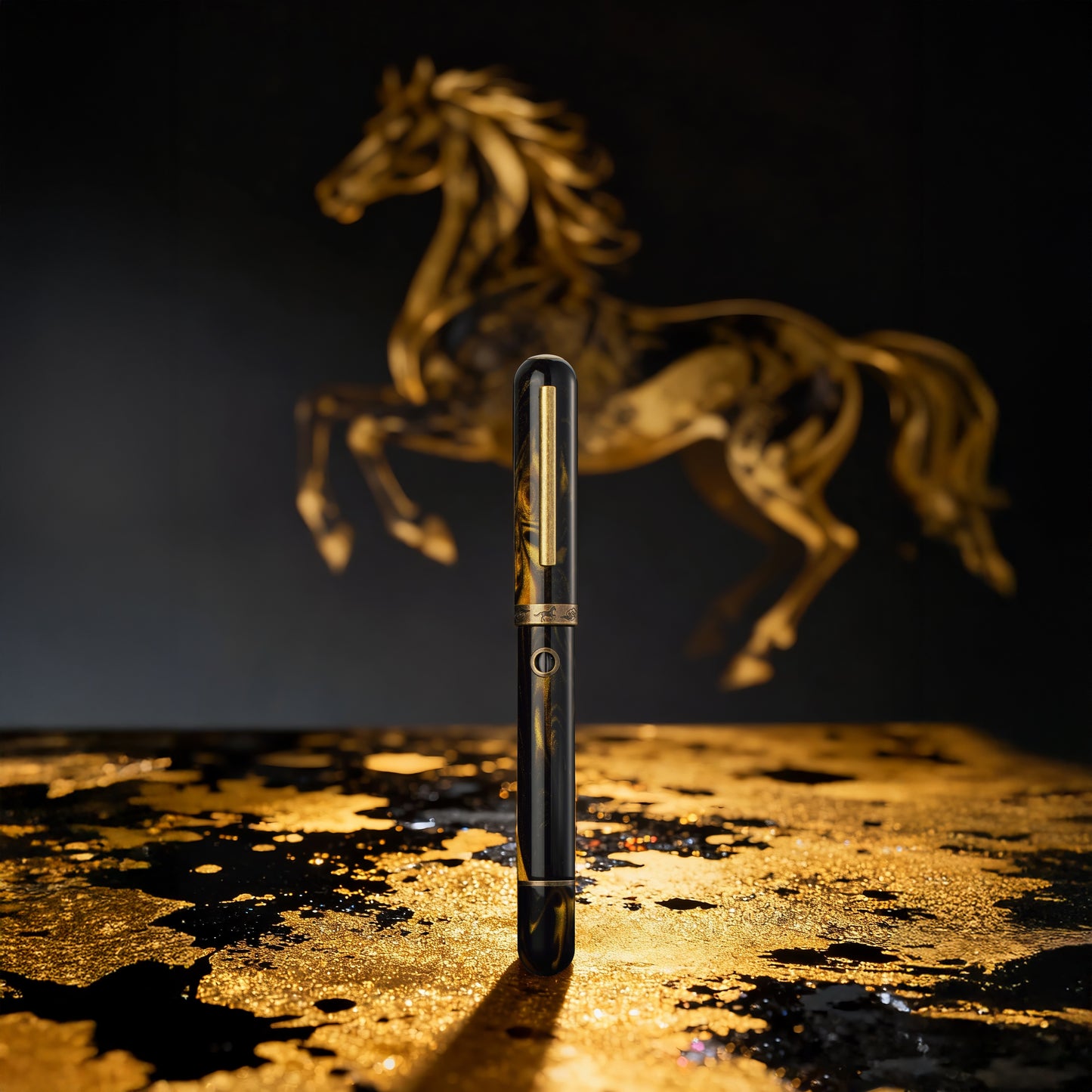 Pen on a textured surface with a horse sculpture in the background