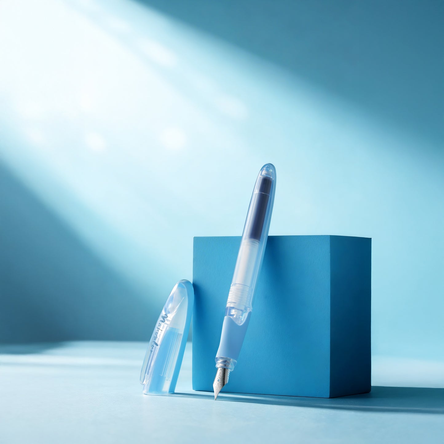Fountain pen on a blue block with a blue gradient background