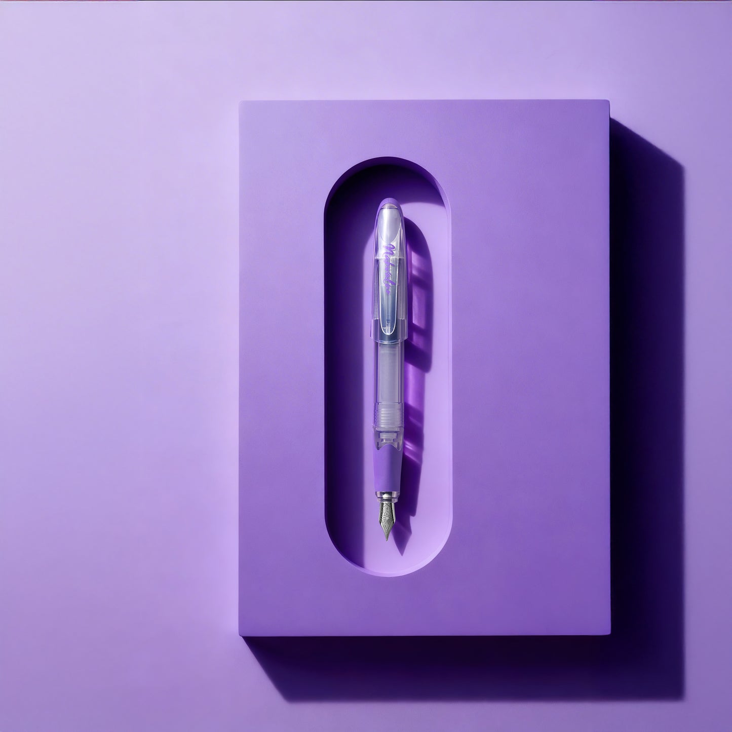 Silver pen in a purple box on a purple background