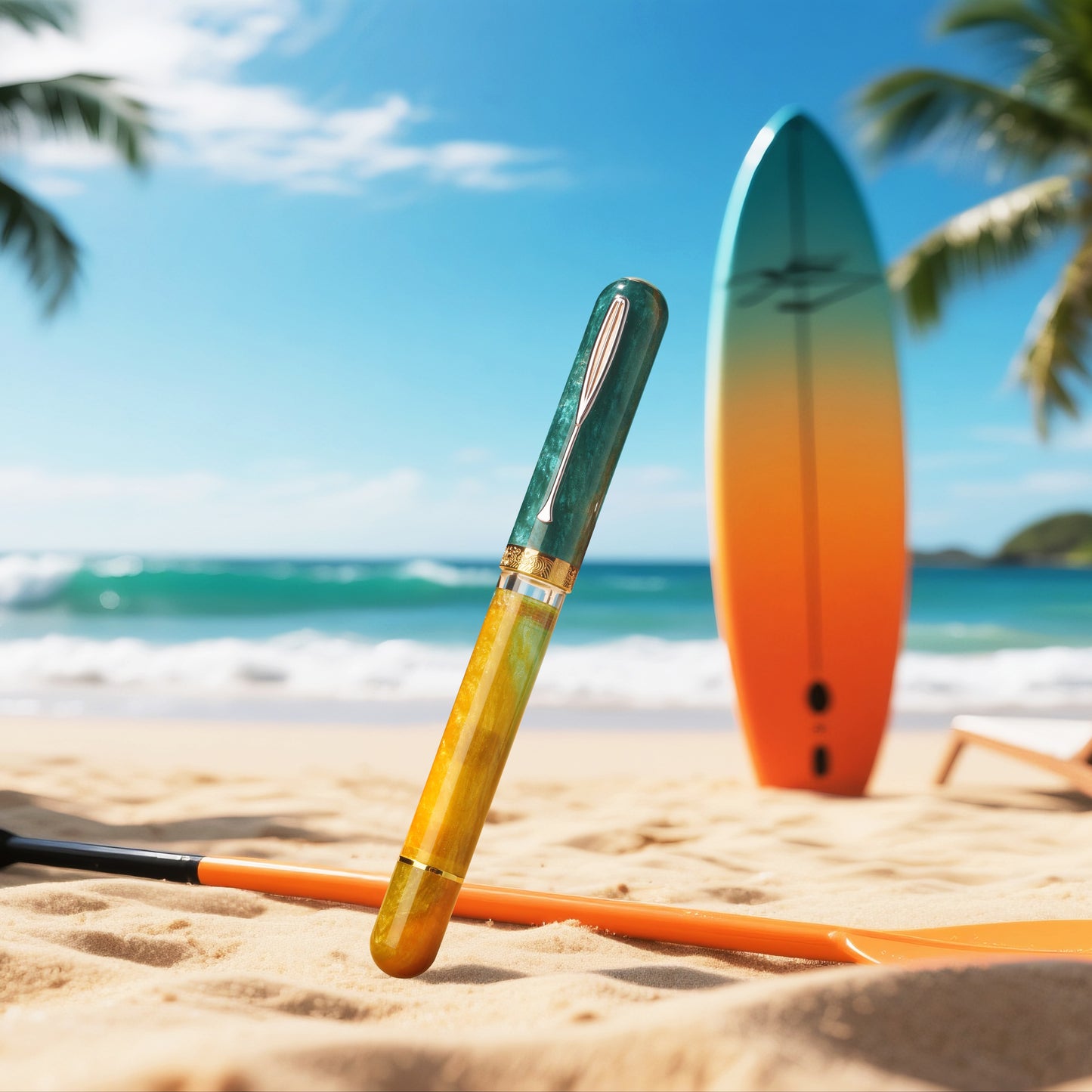 Fountain pen on a beach with a paddle and surfboard in the background.