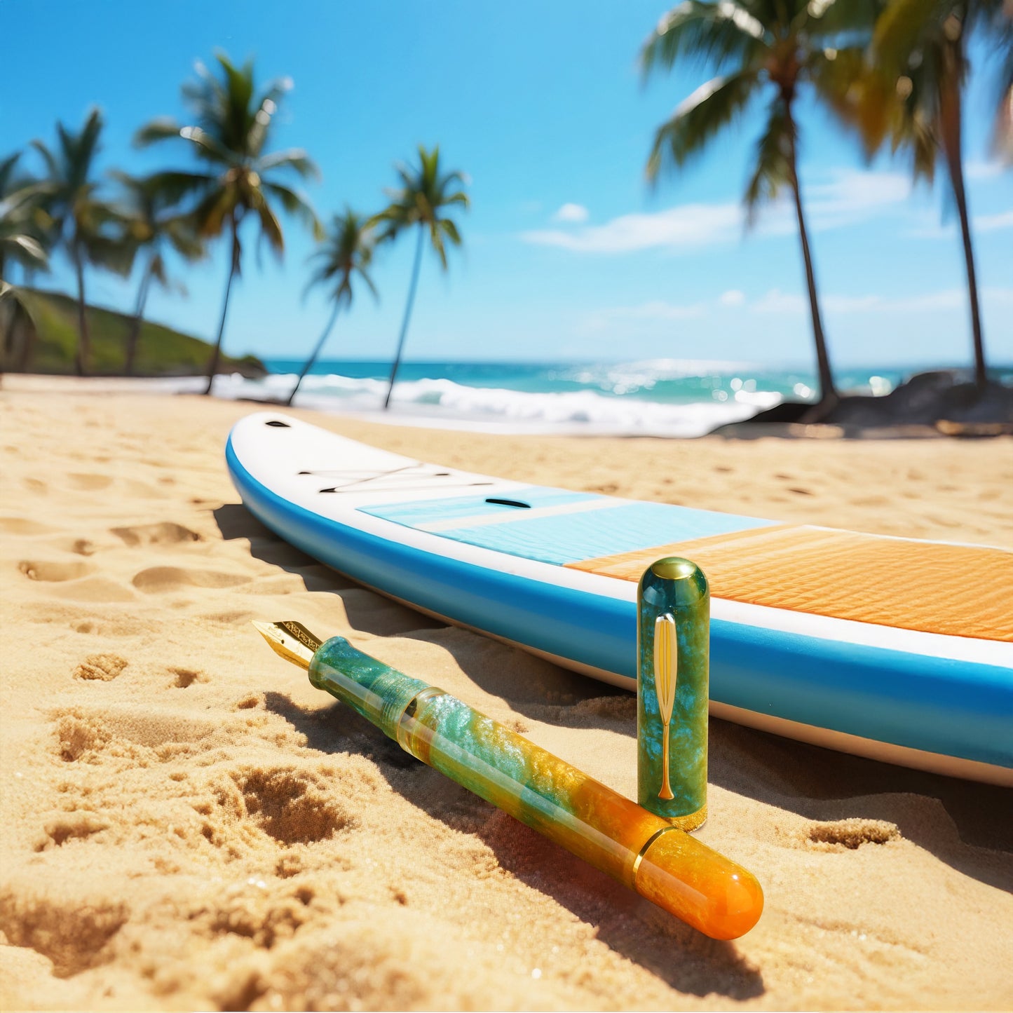 
                  
                    Pen on a sandy beach with palm trees and ocean in the background
                  
                