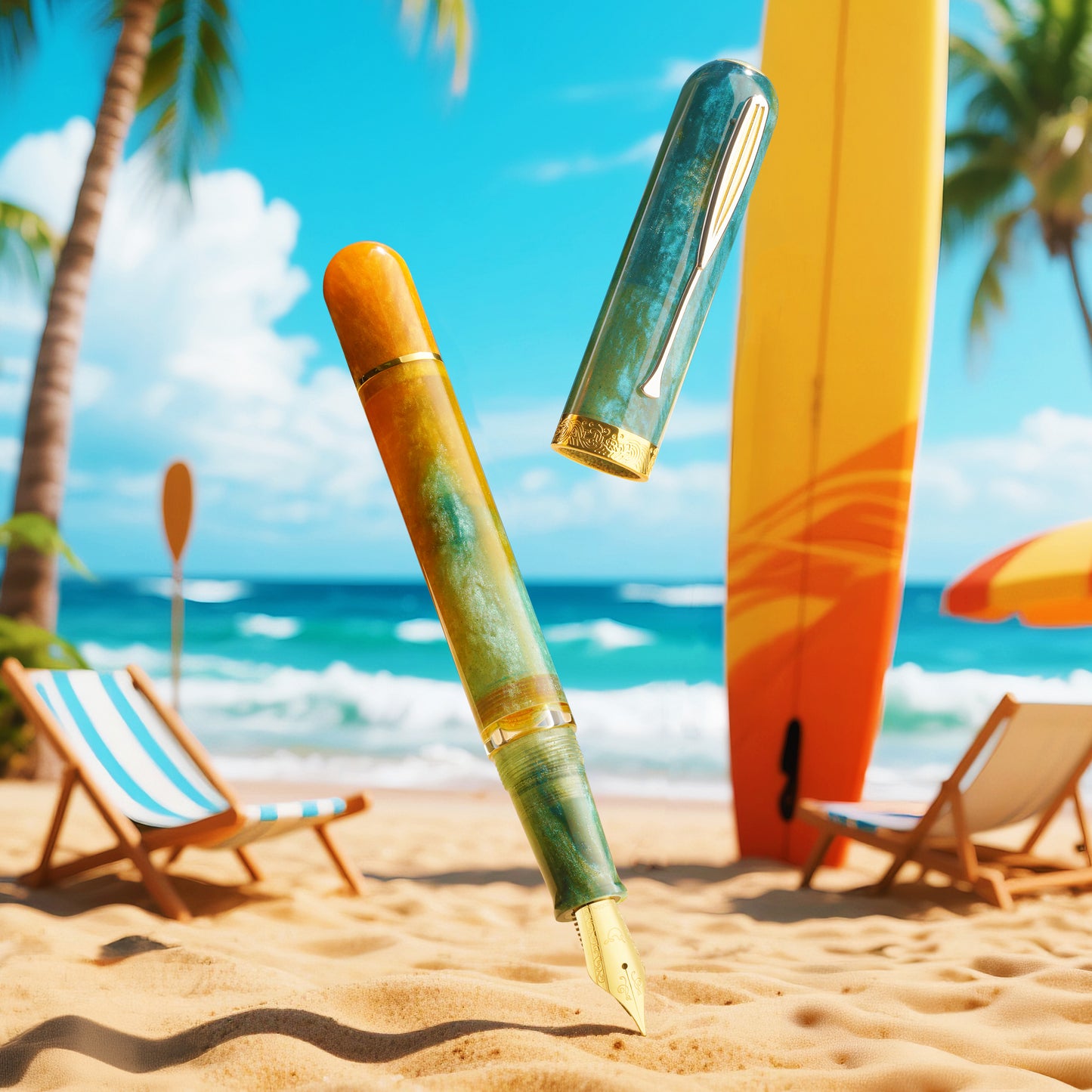 
                  
                    Fountain pen on a sandy beach with a surfboard and lounge chairs in the background
                  
                