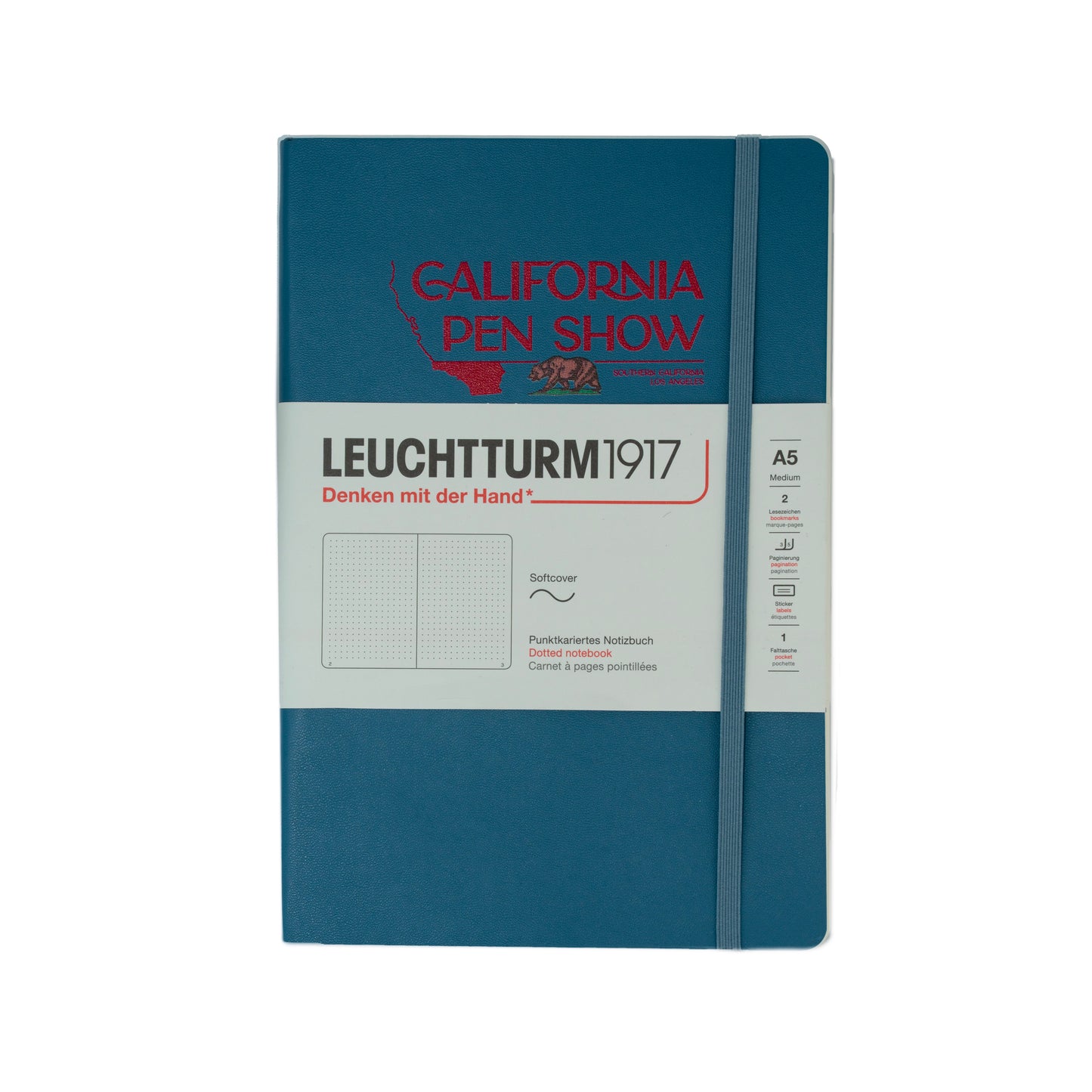Blue notebook with red and white text on a white background