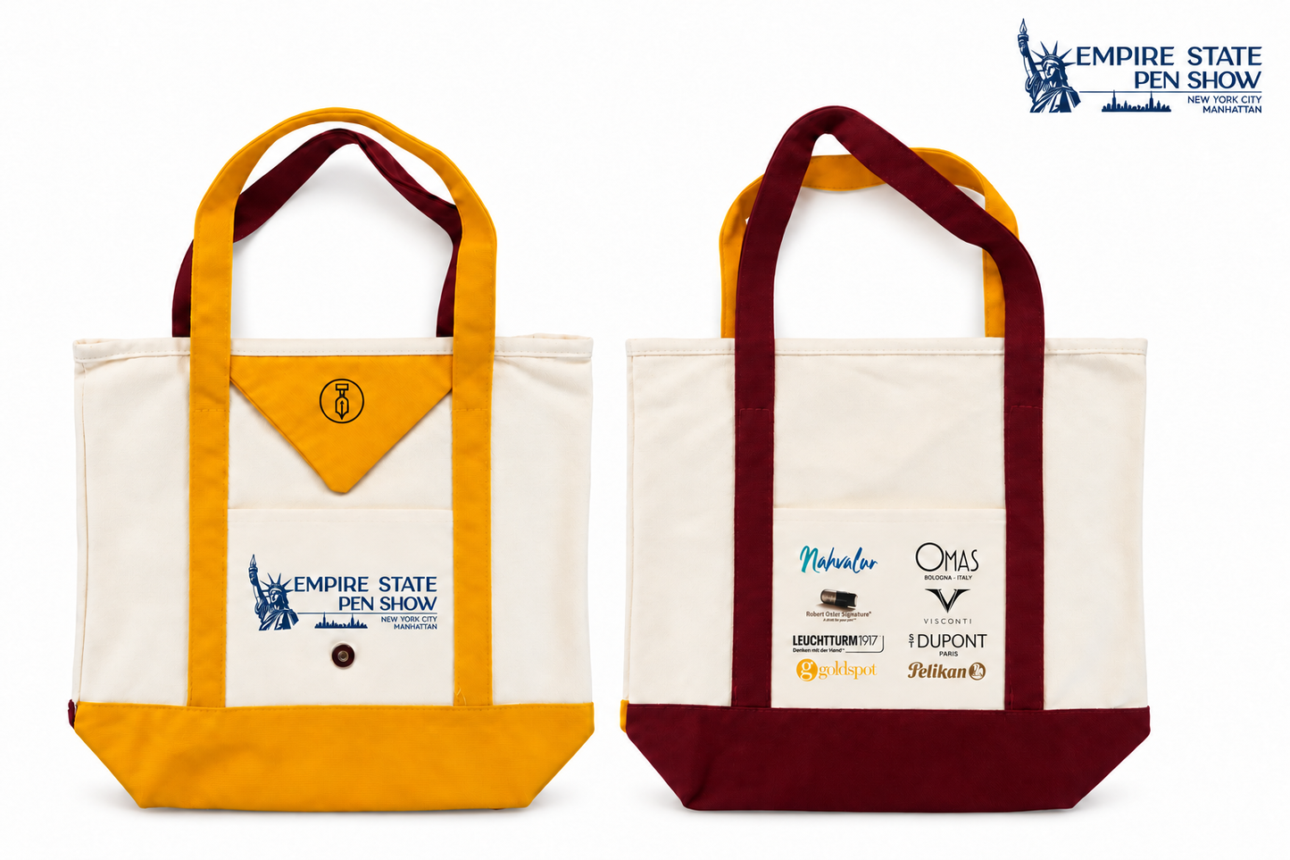 Front and back of the foldable 2026 Empire State Pen Show canvas tote with golden-yellow and burgundy accents