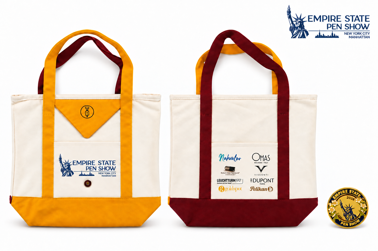 2026 Empire State Pen Show canvas tote and pin bundle, with front and back views of one tote and one commemorative pin