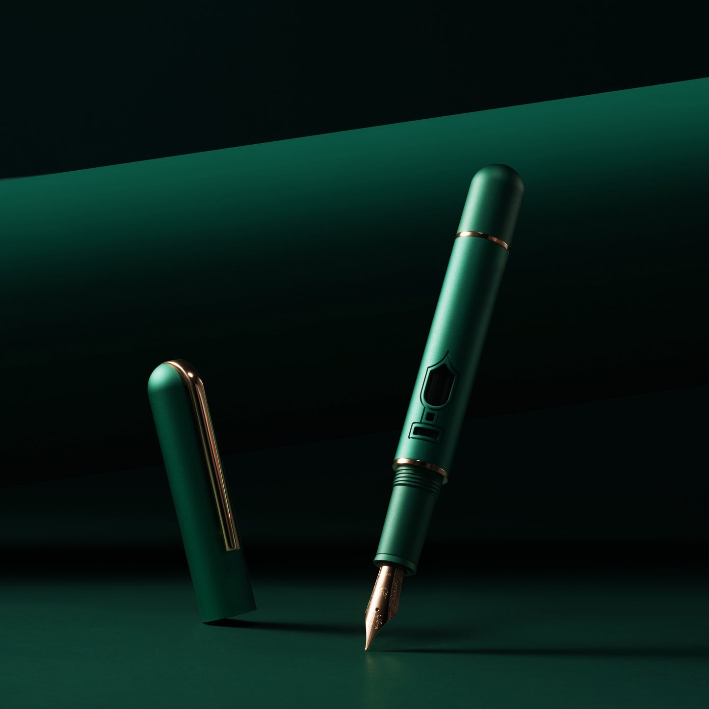
                  
                    Green fountain pen and cap on a green background
                  
                